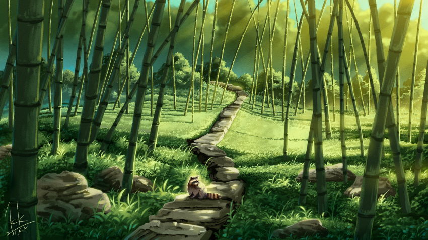 animal bamboo blurry blurry_background dated day forest grass green_theme highres kkdraw nature no_humans original outdoors path raccoon rock scenery signature stone_walkway sunlight tree