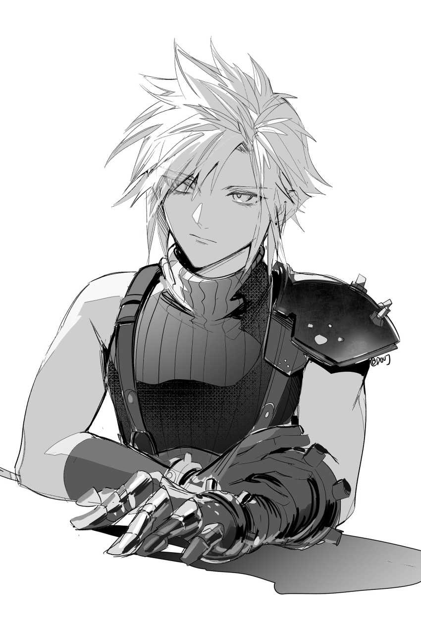 1boy absurdres armor closed_mouth cloud_strife commentary duoj_ji earrings elbow_rest final_fantasy final_fantasy_vii final_fantasy_vii_remake gloves highres jewelry male_focus ribbed_sweater short_hair shoulder_armor single_bare_shoulder sleeveless sleeveless_turtleneck solo spiky_hair stud_earrings suspenders sweater turtleneck turtleneck_sweater twitter_username upper_body white_background