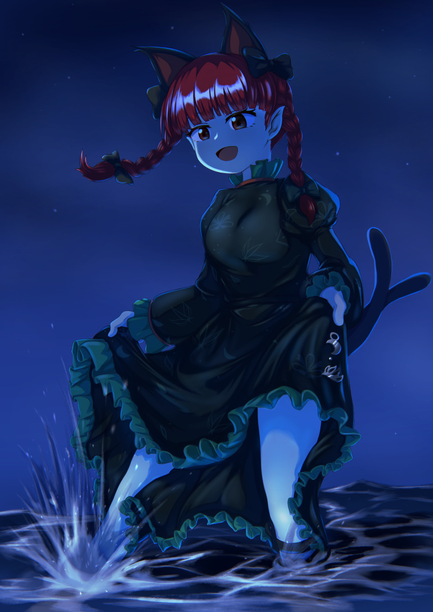1girl absurdres animal_ears black_dress blunt_bangs bow braid cat_ears cat_girl cat_tail dress extra_tails hair_bow highres kaenbyou_rin lifted_by_self long_sleeves night night_sky pointy_ears red_eyes redhead sky solo suke_(rf6tk) tail thigh_strap touhou twin_braids water