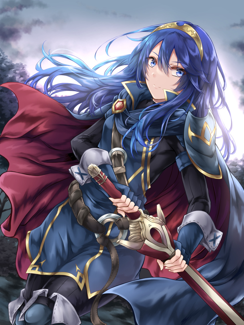 1girl black_sweater blue_cape blue_eyes blue_gloves blue_hair cape closed_mouth commentary falchion_(fire_emblem) fingerless_gloves fire_emblem fire_emblem_awakening gloves hair_between_eyes highres holding holding_sword holding_weapon kei_(asufend) long_hair long_sleeves looking_at_viewer lucina_(fire_emblem) red_cape ribbed_sweater smile solo sweater sword tiara turtleneck turtleneck_sweater two-tone_cape weapon