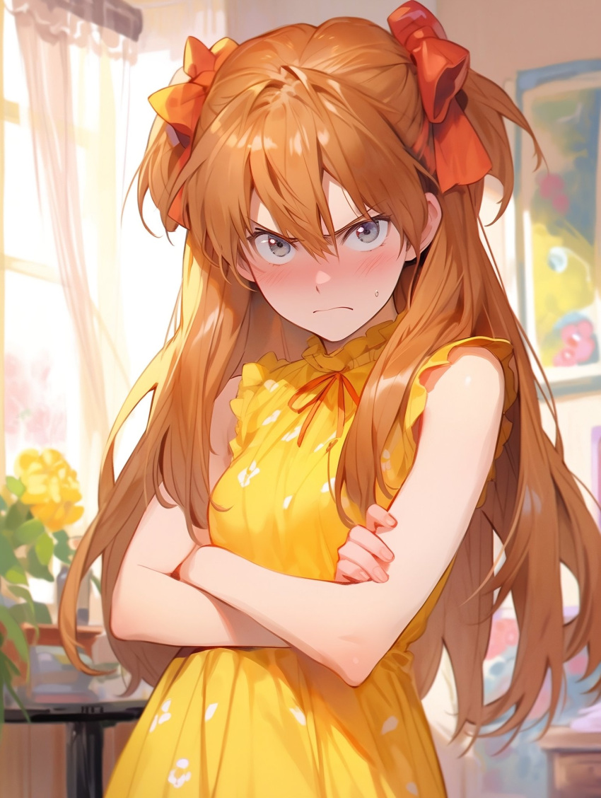 ai-generated angry angry_german_kid blush bow cass dress flower folding_arms frown grumpy hair_bow highres joeyy joeyy_(rapper) jxxyy karcer karcer_grey neon_genesis_evangelion rebuild_of_evangelion red_bow redhead souryuu_asuka_langley tsundere twintails two_side_up yellow_dress