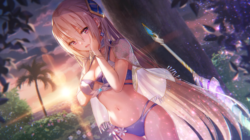 bikini blonde_hair blue_bikini blush cape clouds cloudy_sky coconut_tree dusk embarrassed hands_on_own_face heaven_burns_red highres long_hair non-web_source official_art outdoors palm_tree red_eyes shirakawa_yuina sky sunset swimsuit tree twilight
