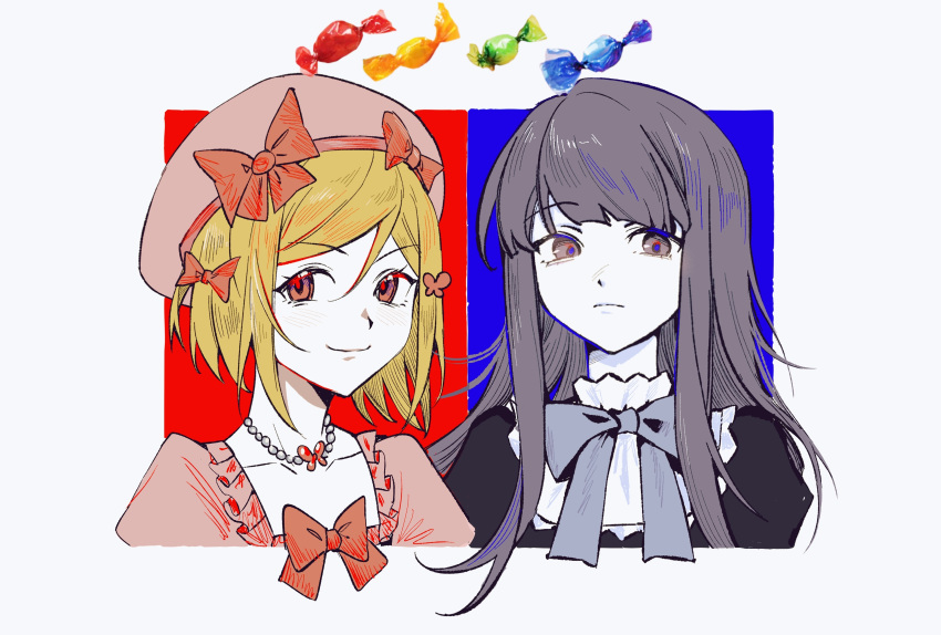 2girls absurdres black_shirt blonde_hair blue_ribbon bow brown_eyes butterfly_necklace chinese_commentary closed_mouth colored_skin commentary_request frederica_bernkastel frills frown grey_hair hair_bow hat hat_bow hat_ribbon highres jewelry lambdadelta long_hair multiple_girls neck_ribbon necklace ououren pink_headwear red_bow red_ribbon ribbon shirt short_hair smile umineko_no_naku_koro_ni white_shirt white_skin