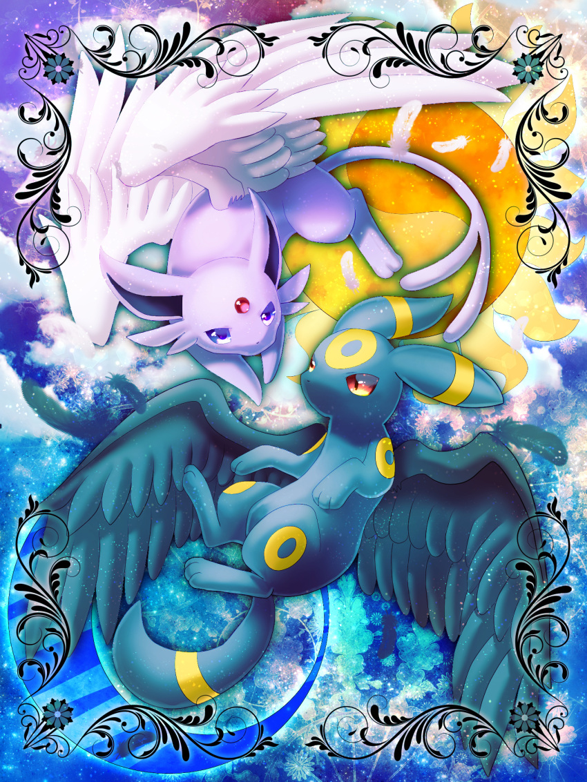 animal_focus black_wings espeon feathers forehead_jewel hidora highres light_particles no_humans no_mouth pokemon pokemon_(creature) red_eyes sun umbreon violet_eyes white_wings wings yin_yang