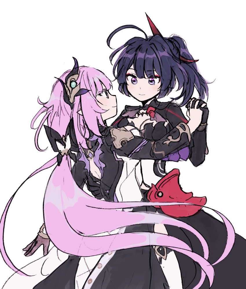 2girls 5rwpvc absurdres ahoge black_bow black_dress black_gloves bow closed_mouth dancing dress elysia_(honkai_impact) elysia_(miss_pink_elf)_(honkai_impact) gloves hair_bow hand_on_another's_waist high_ponytail highres honkai_(series) honkai_impact_3rd long_hair long_sleeves low_ponytail multiple_girls pink_hair purple_hair raiden_mei raiden_mei_(danzai_spectramancer) simple_background smile vambraces very_long_hair violet_eyes white_background white_dress