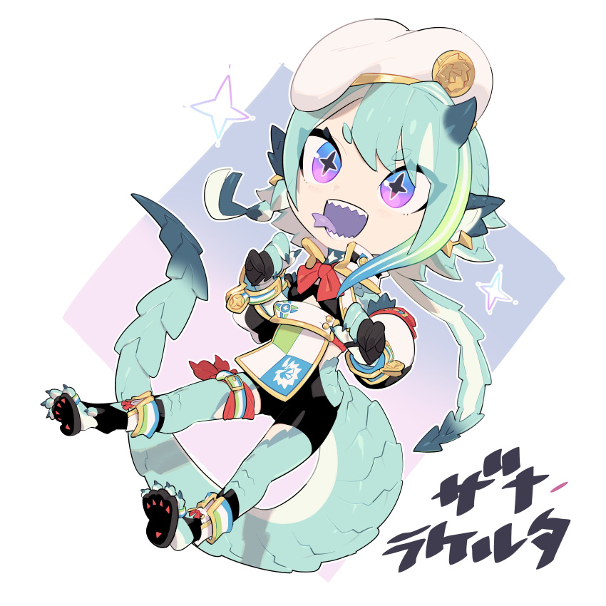 1girl absurdres animal_feet animal_hands aqua_hair aqua_scales aqua_skin black_shorts blue_eyes chibi claws colored_skin colored_tongue detached_sleeves dragon_girl dragon_horns dragon_tail eyes_visible_through_hair forked_tongue full_body gradient_background gradient_eyes hands_up high_collar highres hip_vent horns inu_fuji looking_at_viewer monster_girl multicolored_background multicolored_eyes multicolored_hair multicolored_skin open_mouth original pink_background purple_background purple_tongue sandals scales sharp_teeth short_eyebrows short_hair_with_long_locks shorts small_horns solo star-shaped_pupils star_(symbol) streaked_hair symbol-shaped_pupils tail teeth thigh_strap tongue tongue_out violet_eyes