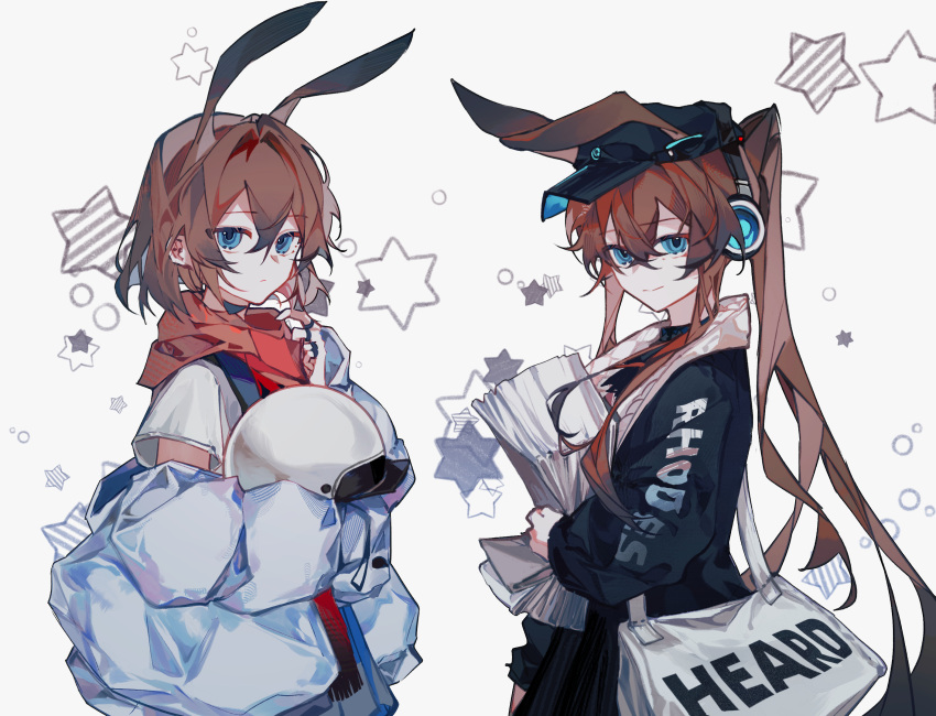 2girls amiya_(arknights) amiya_(fresh_fastener)_(arknights) amiya_(newsgirl)_(arknights) arknights ascot bag blue_ascot blue_eyes blue_headwear blue_jacket clothes_writing cowboy_shot dual_persona extra_ears hair_between_eyes hat headphones headwear_removed helmet helmet_removed highres holding holding_helmet jacket jewelry long_hair looking_at_viewer multiple_girls multiple_rings off_shoulder official_alternate_costume open_clothes open_jacket ponytail red_scarf ring scarf shirt short_hair shoulder_bag simple_background smile star_(symbol) t-shirt vcet very_long_hair white_background white_bag white_shirt
