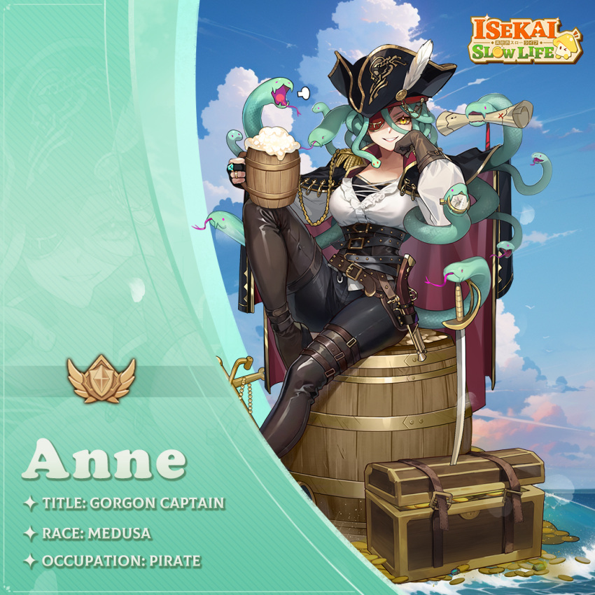 1girl 6+others animal anne_(isekai:_slow_life) artist_request beer_mug belt black_belt black_coat black_corset black_headwear black_pants blue_gemstone blue_sky boots breasts brown_belt brown_footwear brown_gloves character_name character_profile clouds coat coin colored_eyepatch colored_text compass corset cup eyepatch foam foot_up gem gloves green_eyes green_hair gun hand_on_own_cheek hand_on_own_face hands_up hat holding holding_cup isekai:_slow_life jewelry knee_up long_sleeves looking_at_viewer map medium_breasts monster_girl mug multiple_others object_request ocean official_art one_eye_closed open_mouth open_smile outdoors pants partially_fingerless_gloves pirate pirate_hat puffy_sleeves red_eyes ring shirt single_feather sitting sky smile snake snake_hair sword teeth thigh_boots treasure treasure_chest weapon white_shirt