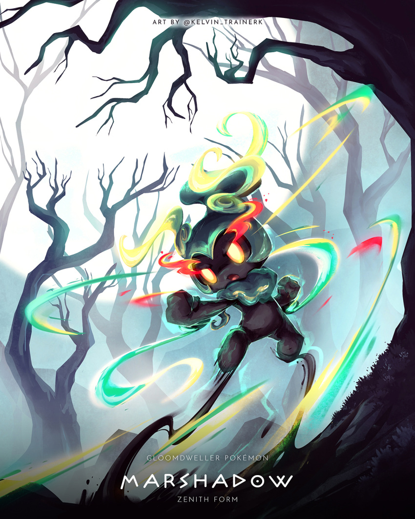 bare_tree character_name copyright_name day eye_trail full_body highres kelvin-trainerk light_trail marshadow marshadow_(zenith) multicolored_eyes no_humans outdoors pokemon pokemon_(creature) solo tree twitter_username watermark yellow_pupils