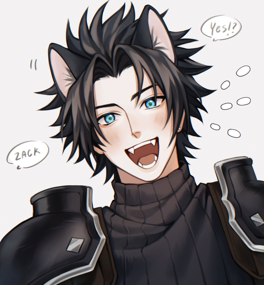 1boy absurdres animal_ears armor black_hair black_sweater blue_eyes blush commentary crisis_core_final_fantasy_vii dog_ears english_commentary english_text fangs final_fantasy final_fantasy_vii highres looking_at_viewer male_focus montaro open_mouth parted_bangs ribbed_sweater short_hair shoulder_armor simple_background smile solo speech_bubble spiky_hair suspenders sweater teeth turtleneck turtleneck_sweater upper_body zack_fair