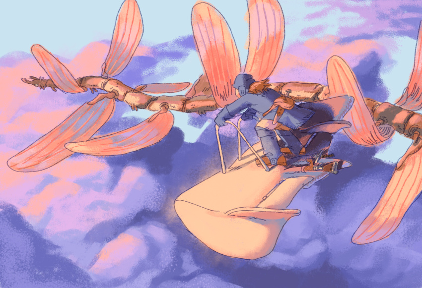 1girl aircraft animal blue_gloves blue_shirt blue_sky boots brown_hair bug centipede clouds cloudy_sky flying from_behind glider gloves grirnoires hebikera helmet insect_wings kaze_no_tani_no_nausicaa knee_boots knife medium_hair nausicaa outdoors oversized_animal shirt sky studio_ghibli wings