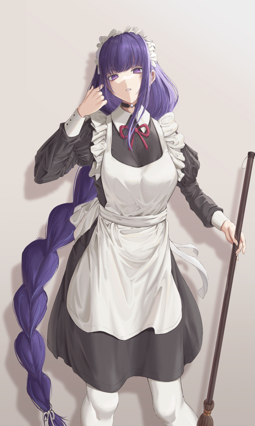 1girl absurdres alternate_costume apron bakemonsou black_dress braid braided_ponytail breasts dress enmaided frilled_apron frills genshin_impact hand_up highres juliet_sleeves large_breasts long_hair long_sleeves looking_at_viewer maid maid_apron maid_headdress pantyhose puffy_sleeves purple_hair raiden_shogun solo standing very_long_hair violet_eyes white_apron white_pantyhose