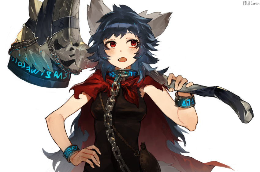 1girl animal_ears artist_name blue_hair blush breasts cape chain collar commission cuffs fang flask hammer hand_on_own_hip highres holding holding_hammer long_hair looking_to_the_side messy_hair metal_collar open_mouth original over_shoulder p_(pm_611a) red_cape red_eyes runes simple_background sleeveless small_breasts solo upper_body war_hammer weapon weapon_over_shoulder white_background wolf_ears wolf_girl