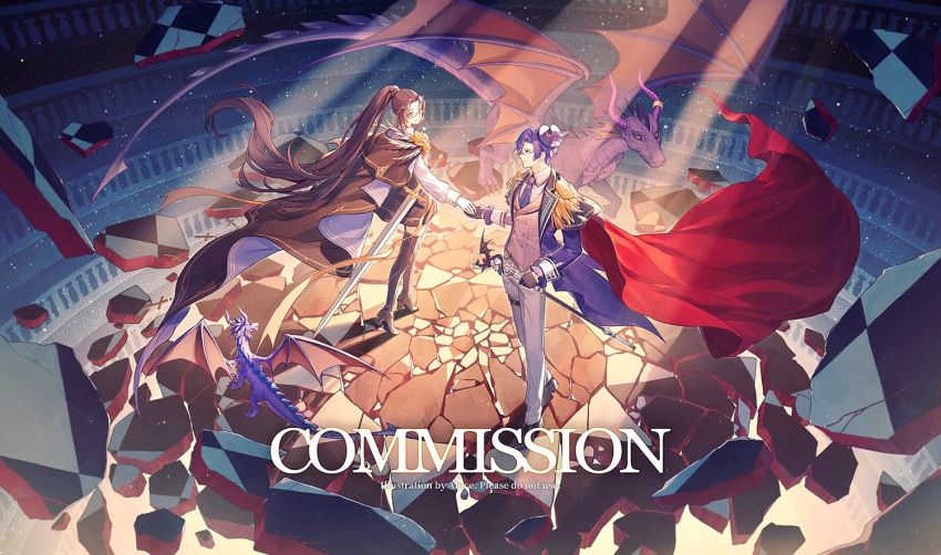 1boy 1girl aluce artist_name black_footwear blue_hair blue_jacket brown_hair cape closed_mouth commission dragon formal full_body glasses hat holding_hands indoors jacket long_hair long_sleeves original parted_bangs red_cape rock short_hair smile standing sword weapon