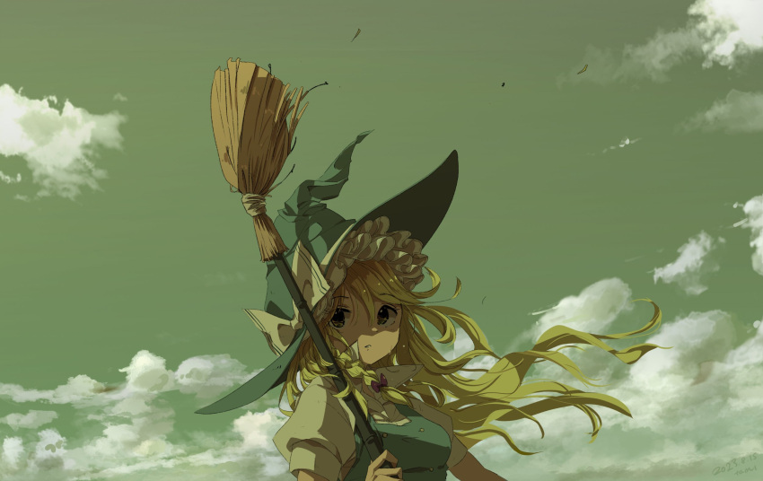 1girl blonde_hair bow braid broom clouds commentary english_commentary hat hat_bow highres holding holding_broom kirisame_marisa long_hair looking_at_viewer noumin_joemanyodw outdoors parted_lips puffy_short_sleeves puffy_sleeves short_sleeves side_braid single_braid sky solo touhou upper_body white_bow witch_hat