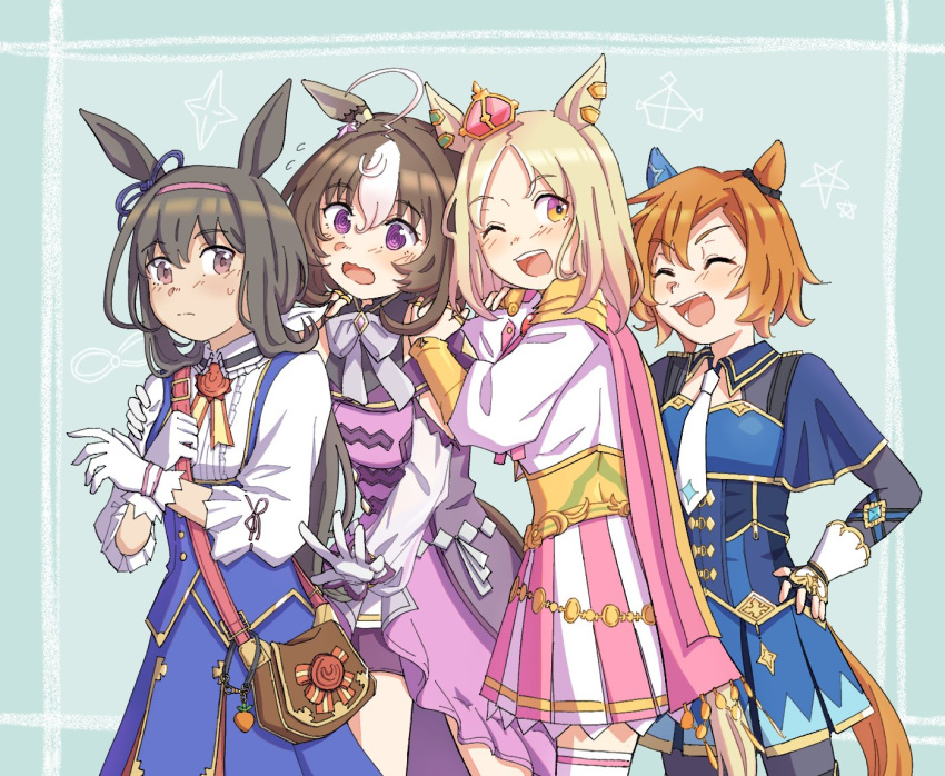 4girls @_@ ^_^ admire_vega_(umamusume) ahoge animal_ears armor bag black_gloves black_shirt blonde_hair blue_skirt blue_vest blush bodice bow bowtie breasts brown_eyes brown_hair cape closed_eyes closed_mouth coat collarbone corset cosplay costume_switch cowboy_shot crown deong234 ear_piercing fingerless_gloves flying_sweatdrops gloves hairband hand_on_another's_shoulder hand_on_own_hip horse_ears horse_girl horse_tail korean_commentary long_hair long_sleeves looking_at_viewer medium_breasts meisho_doto_(umamusume) mini_crown multicolored_hair multiple_girls narita_top_road_(umamusume) necktie open_mouth orange_eyes orange_hair piercing pink_cape purple_coat shirt short_hair shoulder_armor shoulder_bag skirt small_breasts smile standing sweatdrop t.m._opera_o_(umamusume) tail thigh-highs two-tone_hair umamusume vest violet_eyes white_gloves white_necktie white_shirt white_thighhighs