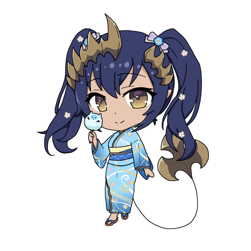 1girl absurdres alternate_costume blue_hair blue_kimono bow brown_eyes chibi closed_mouth commentary_request cotton_candy dark_blue_hair demon_girl demon_horns demon_tail food full_body hair_bow highres holding holding_food horns japanese_clothes kimono long_hair long_sleeves looking_at_viewer medium_bangs nanashi_inc. obi purple_bow sandals sash shimamura_charlotte simple_background smile solo split_mouth standing tail tan tukiyorino twintails virtual_youtuber white_background wide_sleeves