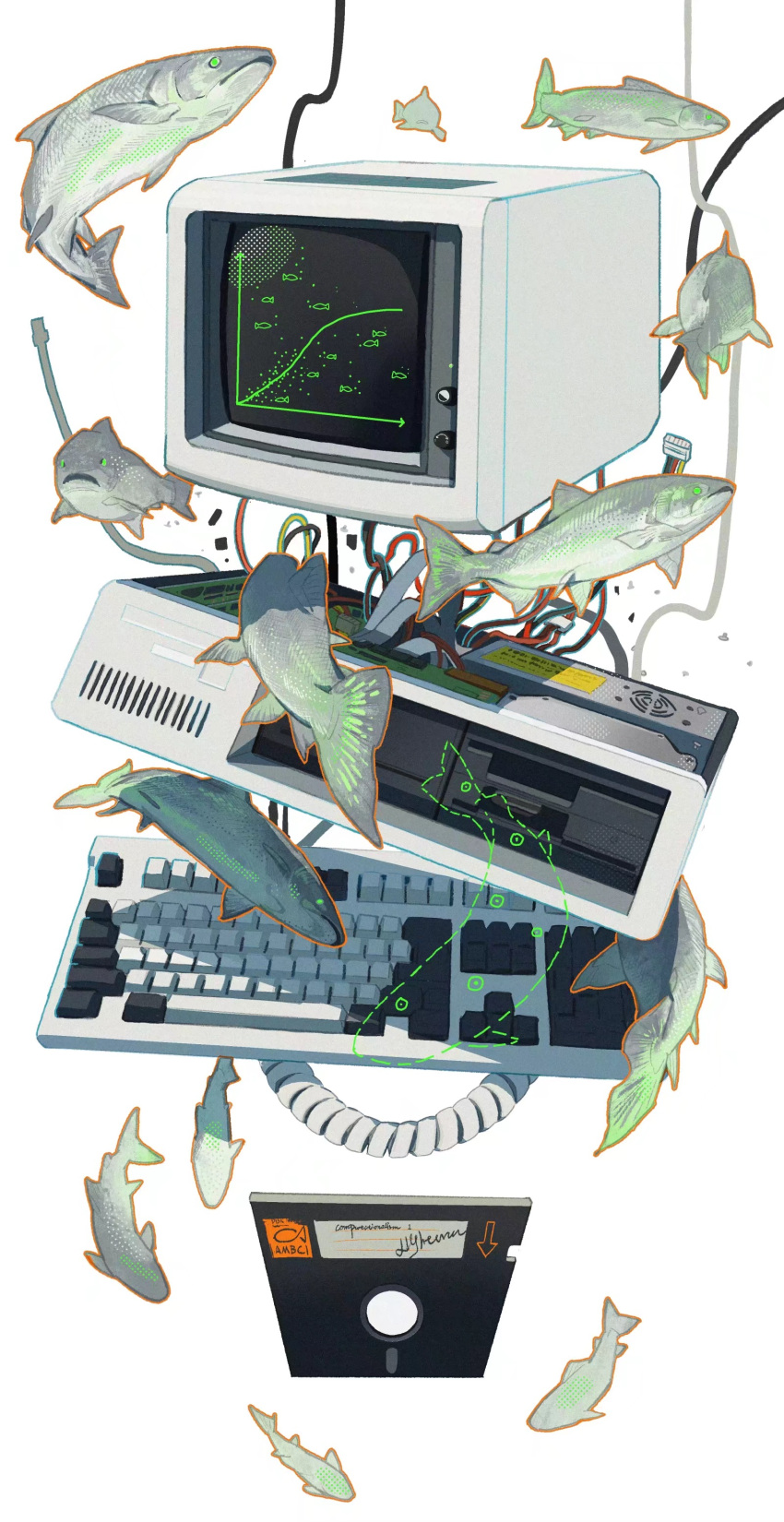 absurdres animal cable commentary computer crt fish floating floating_object floppy_disk full_body highres keyboard_(computer) nightcrow no_humans orange_outline original outline simple_background white_background
