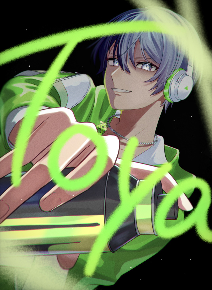 1boy absurdres aoyagi_touya blue_hair character_name commentary dark_blue_hair english_commentary fingernails grey_eyes hair_between_eyes headphones highres holding jacket jewelry long_sleeves looking_at_viewer male_focus mole mole_under_eye multicolored_hair necklace official_alternate_costume project_sekai short_hair solo split-color_hair spray_paint teeth two-tone_hair upper_body yk62