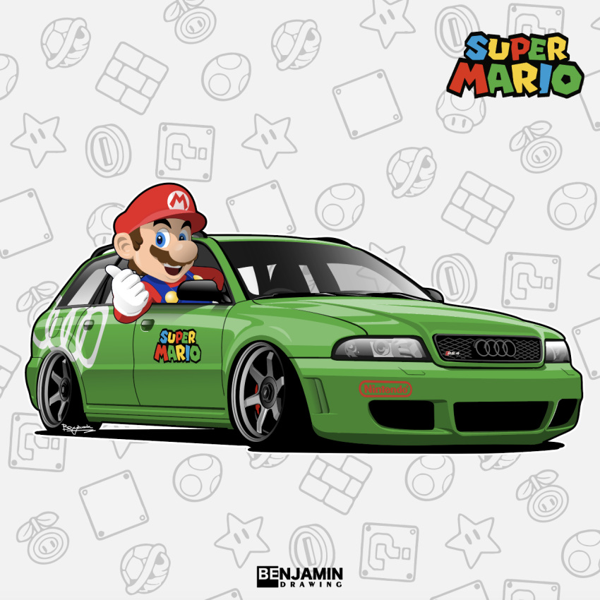 1boy artist_name audi audi_rs4 benjamin_(user_scjv3278) blue_eyes blue_overalls brown_hair car facial_hair gloves hat highres logo male_focus mario motor_vehicle mustache open_mouth overalls red_headwear red_shirt shirt smile solo stance_(vehicle) super_mario_bros. super_mushroom super_star_(mario) thumbs_up vehicle_focus white_gloves