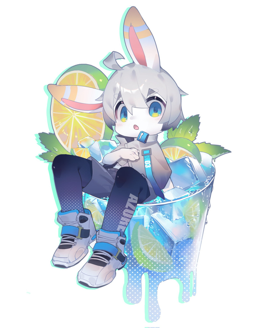 1boy ahoge animal_ears aqua_eyes child commentary_request cup drinking_glass english_text food fruit furry furry_male hair_between_eyes highres ice lemon lemon_slice looking_at_viewer male_focus open_mouth original rabbit_boy simple_background solo white_background zhutangyuan