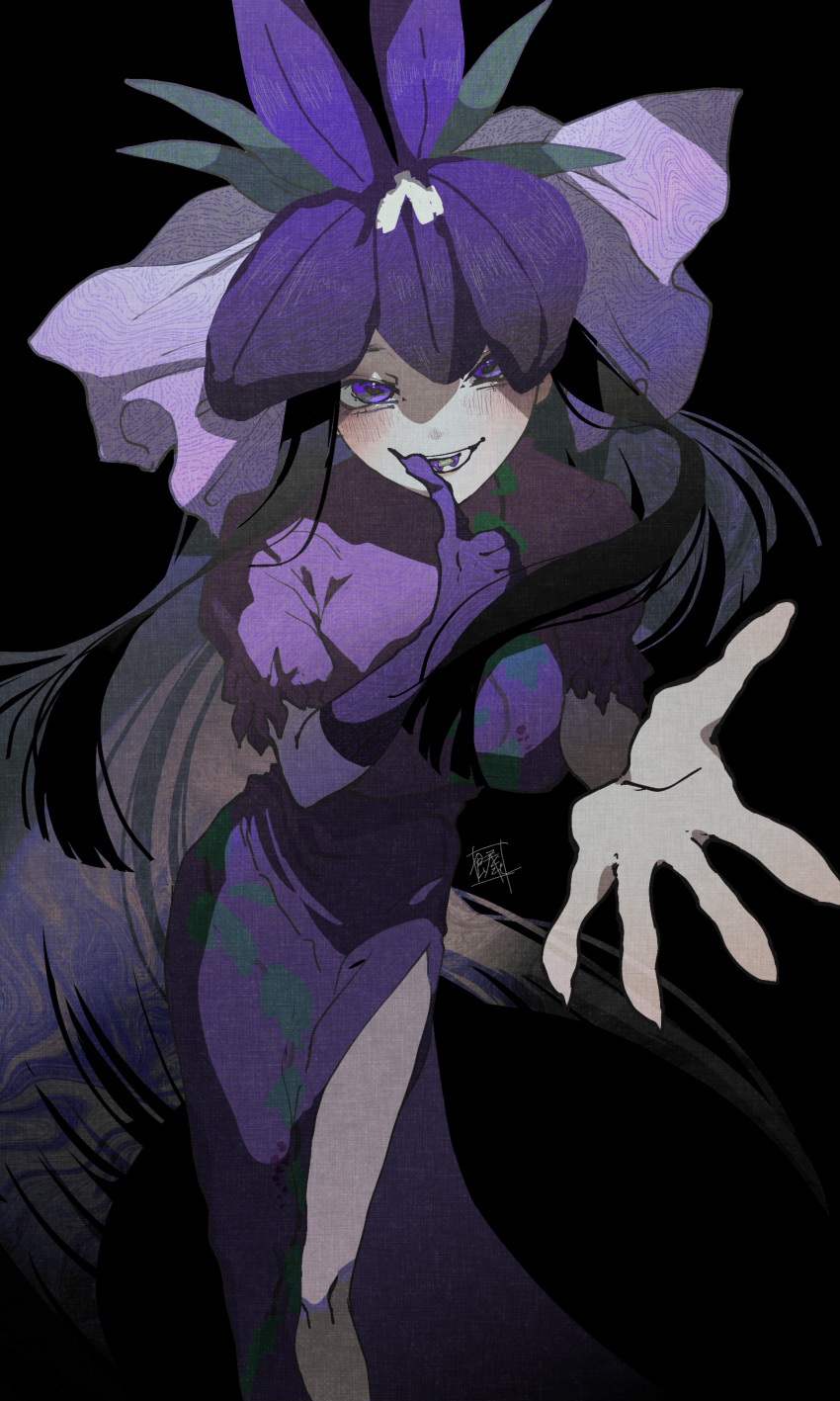1girl absurdres black_hair blush china_dress chinese_clothes dress feet_out_of_frame flower flower_on_head foreshortening gloves highres long_hair open_mouth purple_dress purple_flower purple_gloves reaching reaching_towards_viewer short_sleeves signature single_glove smile sokura_(mochichitose) solo touhou unfinished_dream_of_all_living_ghost vine_print violet_eyes yomotsu_hisami