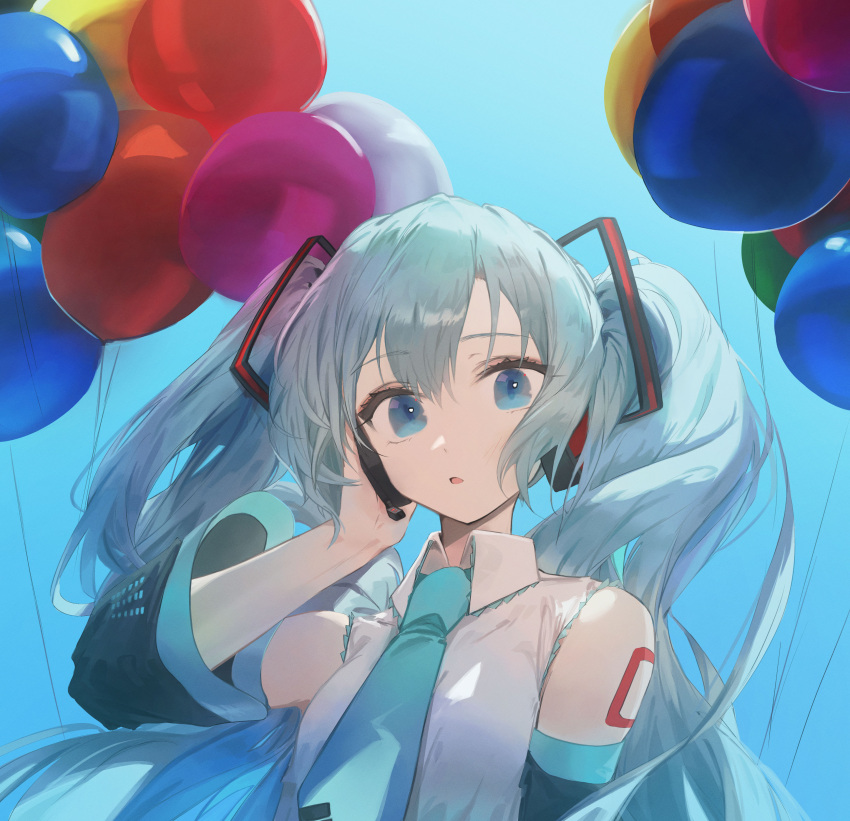 1girl absurdres aqua_eyes aqua_hair aqua_necktie balloon bare_shoulders blue_background collared_shirt commentary detached_sleeves hand_on_headphones hand_up hatsune_miku headphones highres long_hair long_sleeves looking_at_viewer mihoranran necktie number_tattoo open_mouth shirt simple_background sleeveless sleeveless_shirt solo tattoo twintails upper_body vocaloid white_shirt