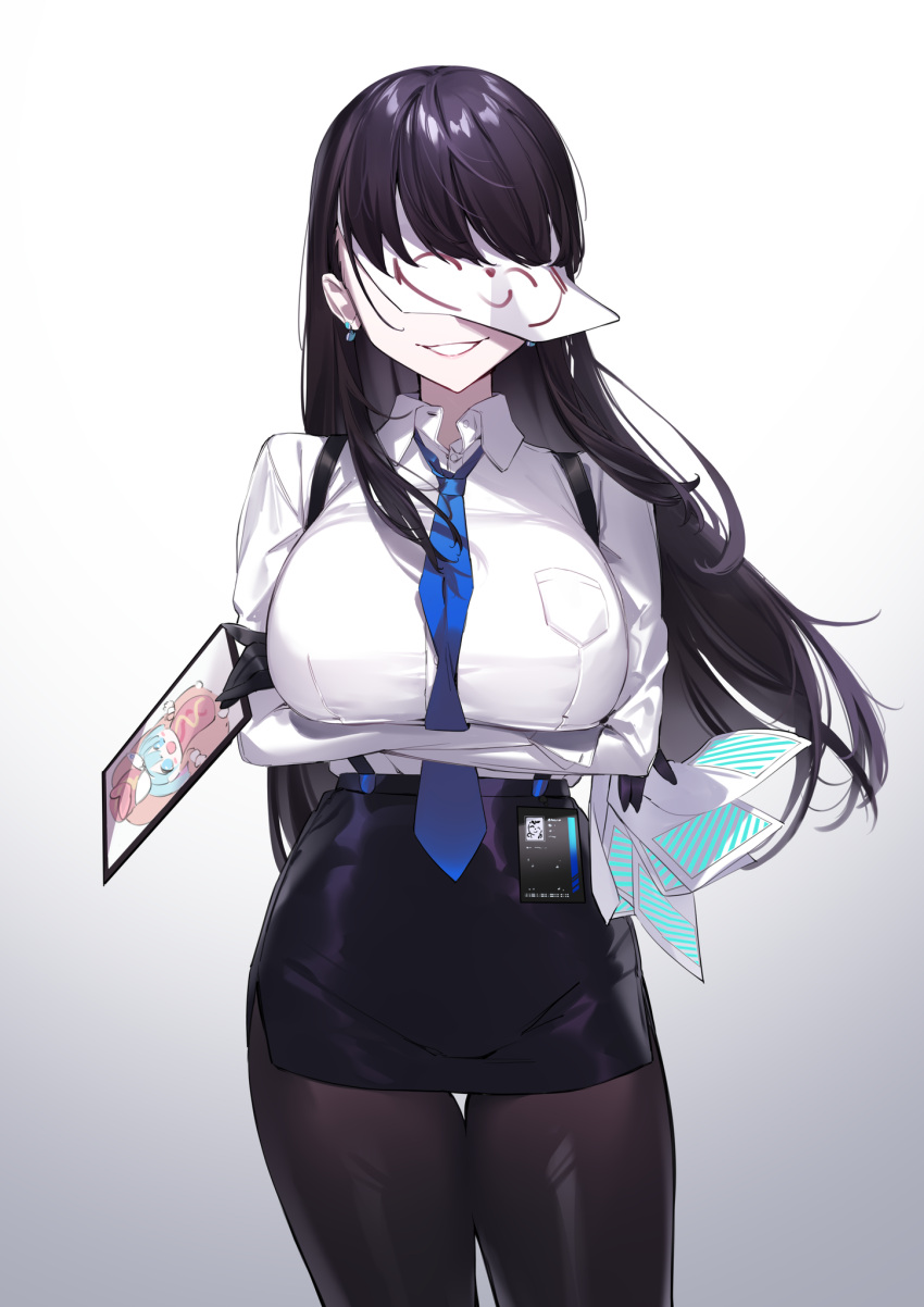1girl arm_under_breasts arona's_sensei_doodle_(blue_archive) black_gloves black_hair black_pantyhose black_skirt blue_archive blue_necktie breast_hold breast_pocket breasts collared_shirt cowboy_shot crossed_arms dress_shirt earrings faceless faceless_female facing_viewer female_sensei_(blue_archive) gloves gradient_background high-waist_skirt highres holding holding_paper holding_tablet_pc id_card jewelry large_breasts long_hair long_sleeves miniskirt necktie pantyhose paper paper_on_head pencil_skirt pocket sensei_(blue_archive) shirt shirt_tucked_in simple_background skirt smile solo suspender_skirt suspenders tablet_pc tented_shirt white_background white_shirt yaguo