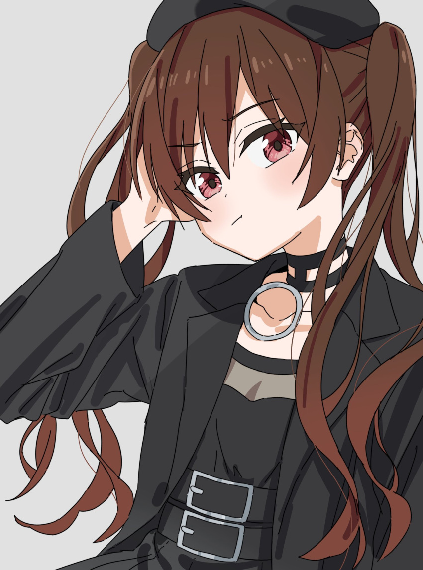 1girl beret black_choker black_dress black_headwear black_jacket blush bocchi_the_rock! brown_hair choker closed_mouth collarbone commentary_request dress grey_background hair_between_eyes hand_on_own_head hand_up hat highres jacket long_hair long_sleeves looking_at_viewer o-ring o-ring_choker official_style ootsuki_yoyoko open_clothes open_jacket red_eyes simple_background solo to9_722 twintails upper_body