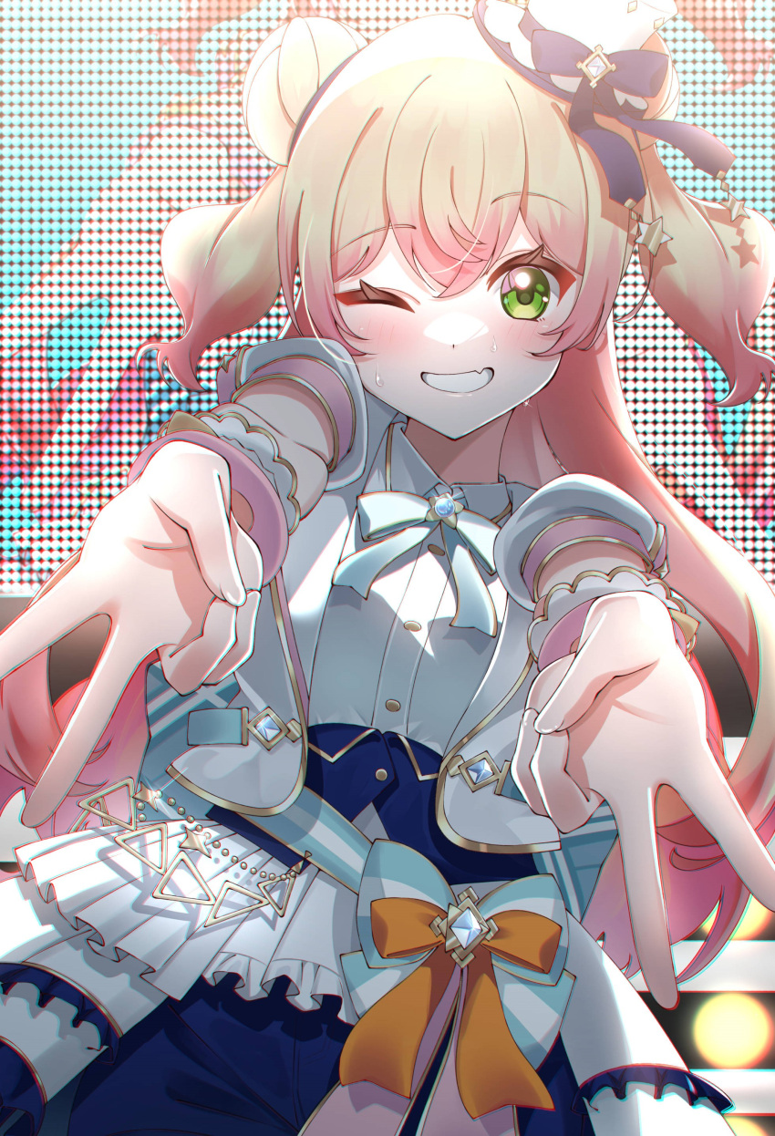 1girl ;d absurdres aica_61 blonde_hair blue_bow blue_bowtie blue_shorts blue_skirt bow bowtie corset double-parted_bangs double_bun double_gyaru_v fang gradient_hair green_eyes grin gyaru_v hair_between_eyes hair_bun hat highres hololive hololive_idol_uniform_(bright) jacket long_hair looking_at_viewer mini_hat mini_top_hat momosuzu_nene multicolored_hair official_alternate_costume one_eye_closed overskirt pink_hair puffy_short_sleeves puffy_sleeves sash shirt short_sleeves shorts skin_fang skirt smile solo stage sweat tilted_headwear top_hat two_side_up underbust v very_sweaty virtual_youtuber waist_bow white_headwear white_jacket white_shirt white_skirt