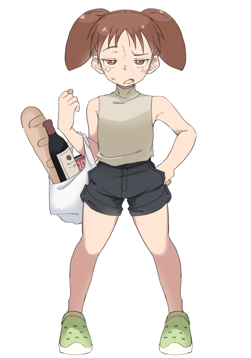 1girl absurdres azumanga_daioh bag baguette bottle bread crocs food highres looking_at_viewer mihama_chiyo open_mouth raised_eyebrow shirt shopping_bag short_twintails shorts sleeveless solo sweat turtleneck twintails white_background wine_bottle zlix0n