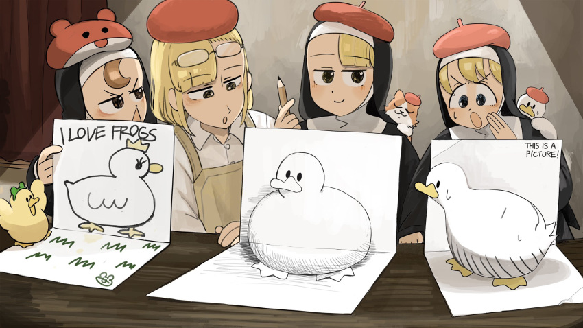 4girls :o apron beret bird blonde_hair blue_eyes brown_eyes brown_hair cat catholic chicken clumsy_nun_(diva) diva_(hyxpk) drawing duck duckling english_commentary eyewear_on_head frog_headband froggy_nun_(diva) glasses habit hat highres little_nuns_(diva) multiple_girls nun pencil red_headwear shirt short_hair spicy_nun's_mother_(diva) spicy_nun_(diva) traditional_nun triangle_mouth white_shirt yellow_apron yellow_eyes