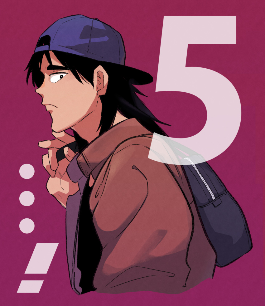 ! ... 1boy backpack backwards_hat bag baseball_cap black_bag black_eyes black_hair blue_headwear brown_jacket closed_mouth commentary_request expressionless hat highres inudori itou_kaiji jacket kaiji long_hair male_focus medium_bangs profile red_background simple_background solo upper_body