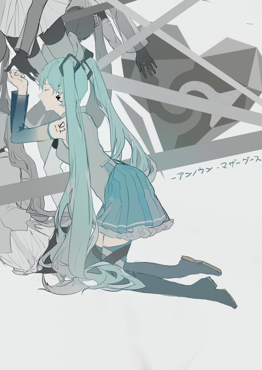 1girl alternate_skirt aqua_hair bare_shoulders boots closed_eyes detached_sleeves earrings frilled_skirt frills hair_ornament hatsune_miku heart heart_earrings highres jewelry kneeling limited_palette lobelia_(saclia) long_hair multiple_girls pleated_skirt rolling_girl_(vocaloid) shirt skirt sleeveless solo thigh-highs thigh_boots toosenbo_(vocaloid) twintails unknown_mother_goose_(vocaloid) very_long_hair vocaloid white_shirt