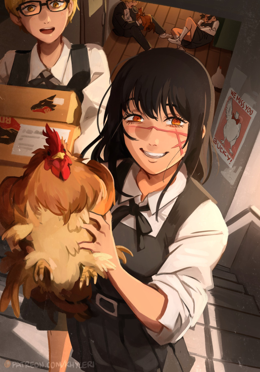 1boy absurdres bird black_hair black_necktie black_pants breasts bucky_(chainsaw_man) chainsaw_man chicken collared_shirt commentary cross_scar denji_(chainsaw_man) dress english_commentary fourth_east_high_school_uniform hair_between_eyes highres holding indoors khyle. long_hair looking_at_viewer low_twintails mifune_fumiko multiple_girls neck_ribbon necktie open_mouth pants pinafore_dress ribbon ringed_eyes scar scar_on_cheek scar_on_face scar_on_nose school_uniform shirt short_hair sleeveless sleeveless_dress smile teeth twintails when_you_see_it white_shirt yellow_eyes yoru_(chainsaw_man) yuko_(chainsaw_man)
