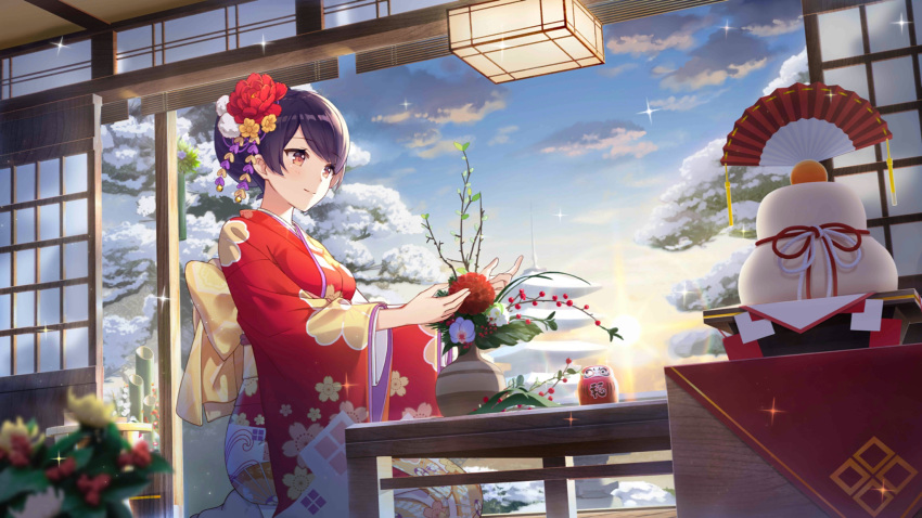 1girl architecture back_bow blue_sky bow clouds east_asian_architecture feet_out_of_frame floral_print flower from_below girl_cafe_gun gradient_sky hair_flower hair_ornament hanging_light highres indoors japanese_architecture japanese_clothes kimono lens_flare long_sleeves looking_ahead official_art open_door outstretched_arms pagoda peony_(flower) pine_tree purple_hair red_eyes red_kimono seiza shi_wuxia short_hair shouji sitting sky sliding_doors smile snow_on_tree solo sparkle sun swept_bangs table tree twilight vase wide_sleeves yellow_bow yellow_flower yellow_sky