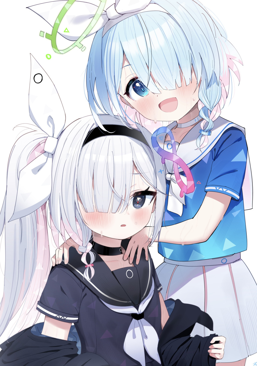 2girls absurdres arona_(blue_archive) black_choker black_hairband black_jacket black_sailor_collar black_shirt blue_archive blue_eyes blue_hair blue_shirt bow braid choker commentary_request grey_eyes grey_hair hair_over_one_eye hair_ribbon hairband halo hands_on_another's_shoulders highres infinity_symbol jacket multicolored_hair multiple_girls neckerchief nishi_yasuaki off_shoulder pink_hair plana_(blue_archive) pleated_skirt ponytail ribbon sailor_collar shirt short_sleeves simple_background single_braid skirt two-tone_hair undressing white_background white_bow white_choker white_hairband white_neckerchief white_ribbon white_sailor_collar white_skirt