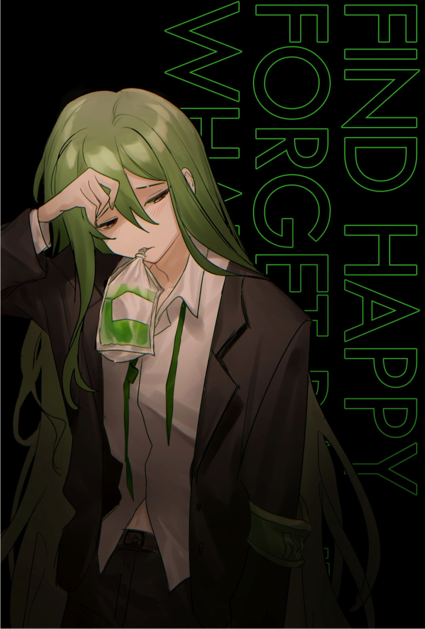 1boy armband as-zero bag black_background black_jacket black_pants collared_shirt cowboy_shot green_armband green_hair hair_between_eyes hand_up highres jacket lobotomy_corporation long_hair long_sleeves looking_to_the_side mouth_hold necktie netzach_(project_moon) pants project_moon shirt sidelocks simple_background solo undone_necktie very_long_hair white_shirt wing_collar