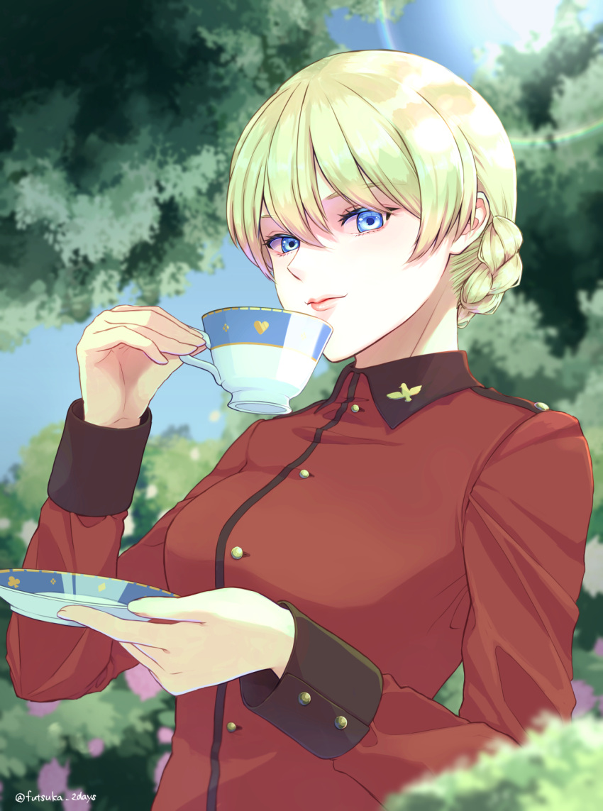 1girl blue_sky blurry blurry_background blurry_foreground braid closed_mouth commentary cup darjeeling_(girls_und_panzer) day english_commentary forest girls_und_panzer highres holding holding_cup holding_saucer jacket long_sleeves looking_at_viewer military_uniform nature outdoors queen_elicca red_jacket saucer short_hair sky smile solo st._gloriana's_military_uniform teacup twitter_username uniform upper_body