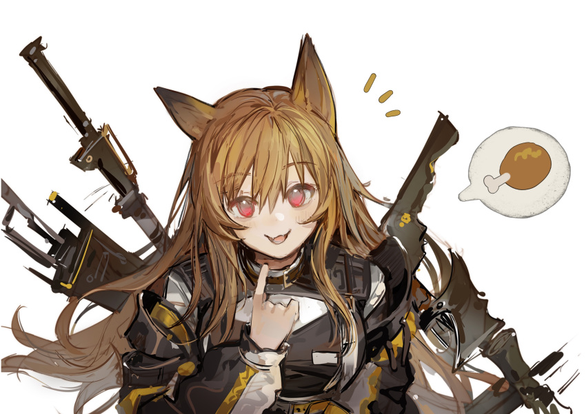 1girl absurdres animal_ears arknights boned_meat brown_eyes brown_hair brown_jacket ceobe_(arknights) dog_ears dog_girl fangs food hair_between_eyes hand_up highres jacket liangban_xiexu long_hair long_sleeves looking_at_viewer meat open_mouth pointing pointing_at_self simple_background solo weapon weapon_on_back white_background