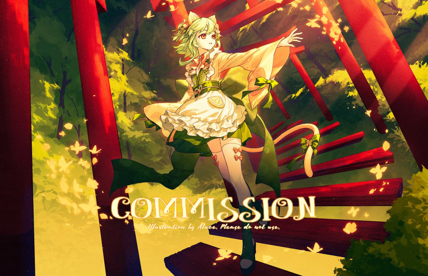 1girl aluce animal_ears artist_name bug butterfly cat_ears cat_girl cat_tail commission dappled_sunlight floating_hair green_hair hair_between_eyes japanese_clothes kimono leaf long_sleeves looking_to_the_side medium_hair open_mouth original outdoors outstretched_arm sidelocks solo stairs sunlight tail tree wide_sleeves