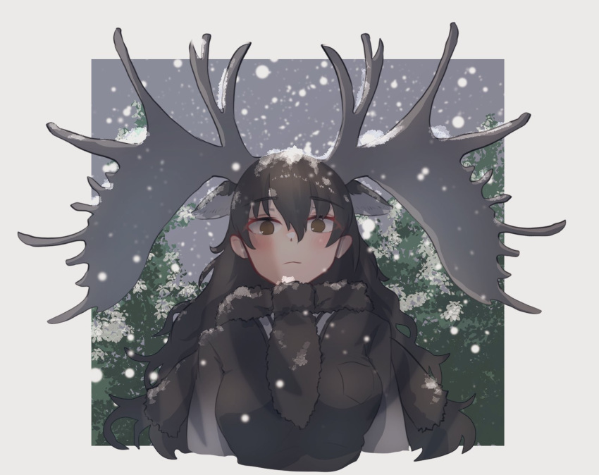 1girl animal_ears antlers blush brown_eyes brown_hair brown_scarf brown_sweater ears_down extra_ears gradient_sweater highres kemono_friends long_hair long_sleeves looking_at_viewer moose_(kemono_friends) moose_ears moose_girl sasa_fune scarf snow snowing solo sweater two-tone_sweater upper_body white_sweater