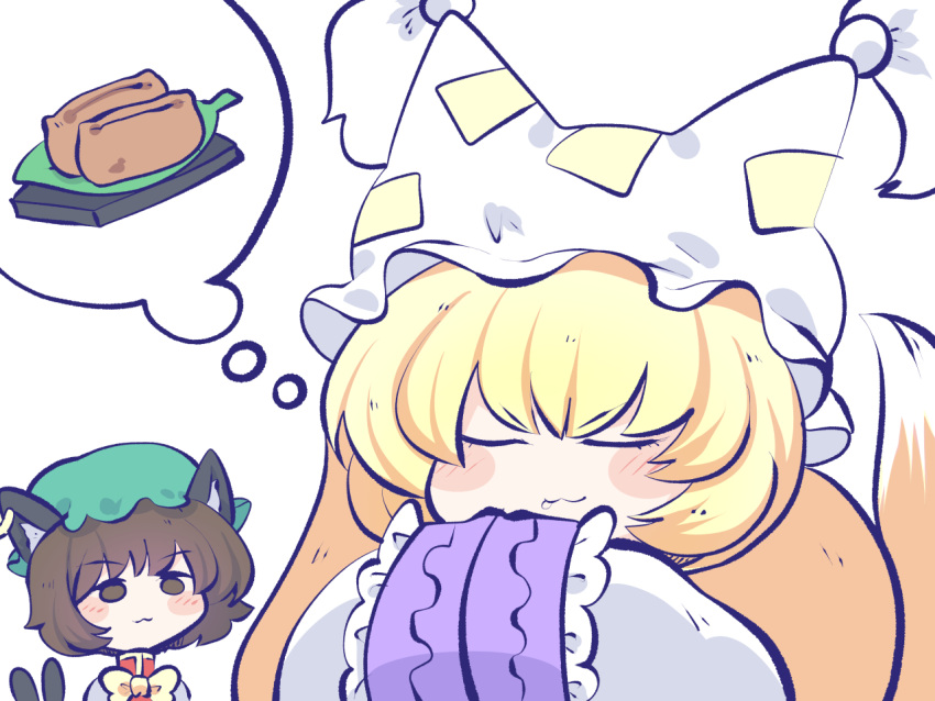 2girls animal_ears blonde_hair blush bow brown_eyes brown_hair cat_ears cat_girl cat_tail chahan_(fried_rice0614) chen closed_eyes closed_mouth commentary dreaming food fox_girl fox_tail frilled_hat frilled_sleeves frills green_headwear hat hat_with_ears leaf looking_at_another mob_cap multiple_girls multiple_tails sleeping tail touhou tray twintails very_long_sleeves yakumo_ran yellow_bow