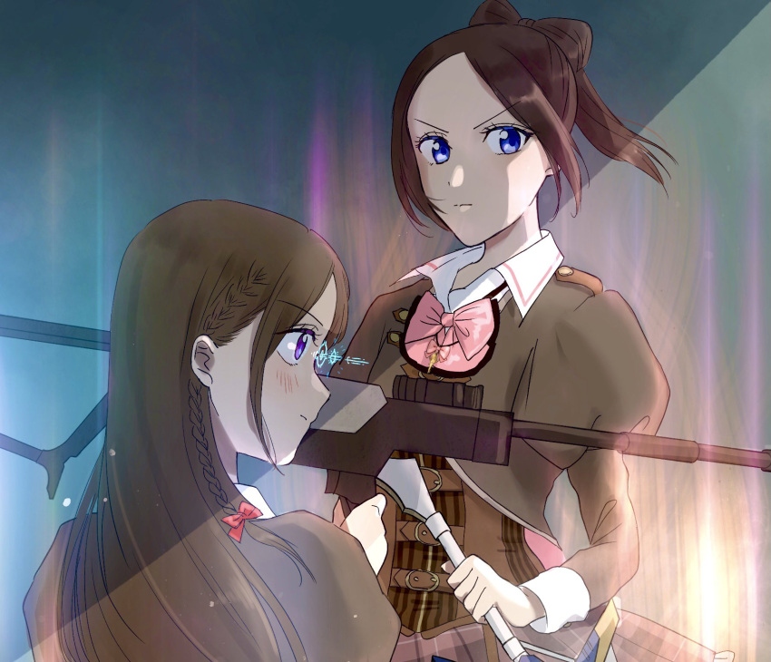 2girls aiming assault_lily belt belt_buckle blue_eyes blush bow bow-shaped_hair braid brown_belt brown_hair brown_jacket brown_skirt buckle closed_mouth collared_shirt commentary_request corset gradient_background grey_background gun hair_behind_ear hair_bow hand_up highres holding holding_gun holding_weapon ichinomiya_michaela_himari jacket jewelry juliet_sleeves long_hair long_sleeves looking_ahead looking_at_viewer ludvico_private_girls'_academy_school_uniform multiple_belts multiple_girls necklace parted_bangs pendant plaid plaid_skirt ponytail profile puffy_sleeves red_bow school_uniform shade shakeza shirt short_hair side_braid skirt standing tachibana_theresia_nagisa v-shaped_eyebrows violet_eyes weapon white_shirt