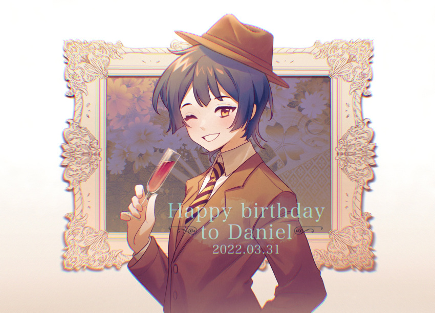 1boy as-zero blue_hair brown_headwear brown_jacket champagne_flute character_name commentary cup daniel_(project_moon) dated drinking_glass english_commentary fedora grin happy_birthday hat highres holding holding_cup jacket lobotomy_corporation one_eye_closed picture_frame project_moon simple_background smile solo white_background yellow_eyes
