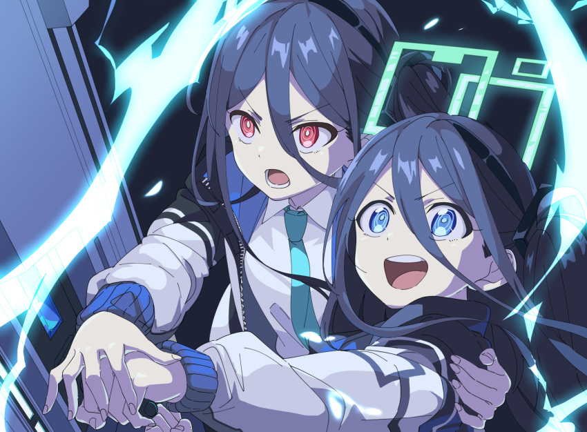&lt;key&gt;_(blue_archive) 2girls :d :o absurdly_long_hair aris_(blue_archive) black_hair blue_archive blue_eyes blue_necktie collared_shirt commentary_request hair_between_eyes hair_ornament hairband halo holding_hands jacket long_hair long_sleeves momomatang multicolored_clothes multicolored_jacket multiple_girls necktie one_side_up open_clothes open_jacket red_eyes school_uniform shirt siblings sidelocks smile twins two-tone_jacket v-shaped_eyebrows very_long_hair