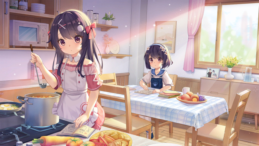 2girls :o aged_down apple apron bare_shoulders black_hair black_hairband blue_footwear blue_overalls book book_stack bow brown_eyes cabinet carrot chair cooking cooking_pot cupboard day detached_collar dot_mouth dress flower food fried_egg frilled_apron frills fruit frying_pan girl_cafe_gun grapes hair_bow hair_flower hair_ornament hairband hand_up highres holding holding_ladle indoors jar kitchen ladle light_particles lily_(flower) long_hair looking_at_viewer microwave milk_carton multiple_girls off-shoulder_dress off_shoulder official_art on_chair open_book orange_(fruit) overalls picture_(object) picture_frame pink_bow pink_dress plate puffy_short_sleeves puffy_sleeves shelf shi_wuxia shi_wuyou shirt short_dress short_hair short_sleeves sitting socks stove sunlight table tablecloth tomato upper_body vase white_apron white_flower white_shirt white_socks window wooden_floor writing x_hair_ornament yellow_flower