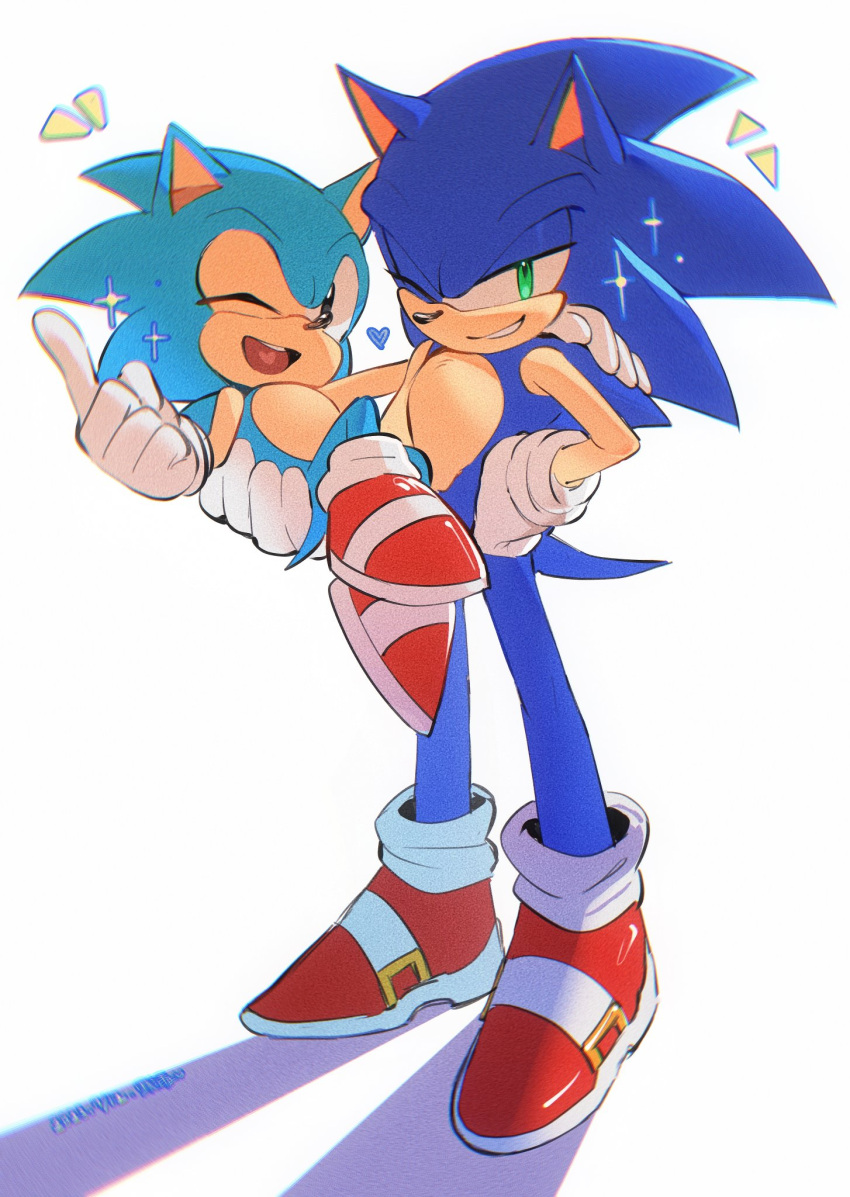 2boys animal_ears animal_nose arm_up artist_name black_eyes blue_fur carrying carrying_person dual_persona full_body furry furry_male gloves gold_trim green_eyes half-closed_eye hand_on_another's_shoulder hand_on_own_hip hand_up heart heart_in_mouth hedgehog hedgehog_ears hedgehog_tail highres index_finger_raised looking_at_viewer male_focus moyu_16y multiple_boys one_eye_closed open_mouth red_footwear shadow shoes simple_background sitting smile sneakers socks sonic_(series) sonic_the_hedgehog sonic_the_hedgehog_(classic) sparkle standing tail teeth tongue white_background white_gloves white_socks