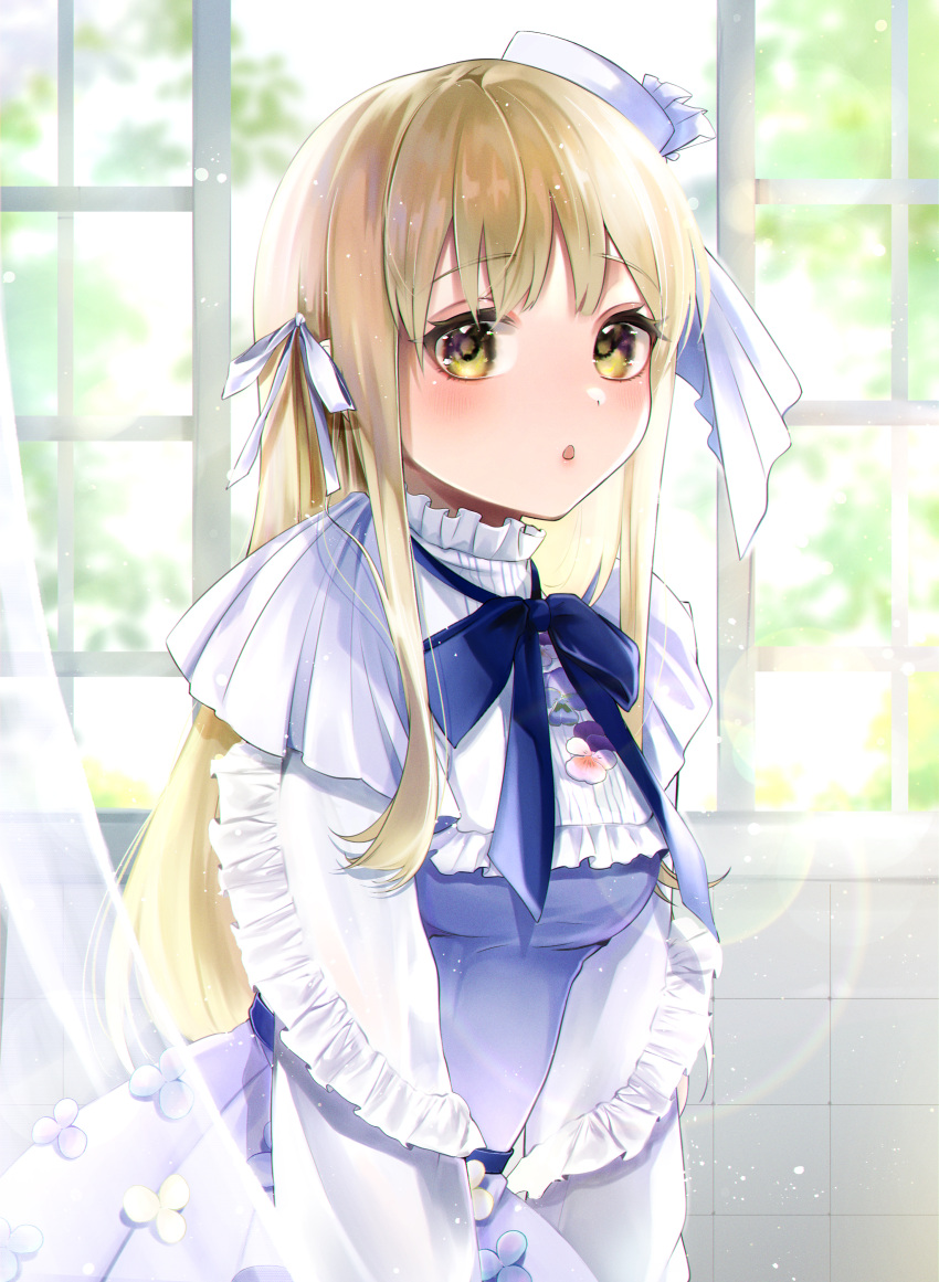 1girl absurdres backlighting bib blonde_hair blue_bow blue_bowtie blush bow bowtie capelet curtains dress dress_flower hair_ribbon hat highres indoors long_hair long_sleeves looking_at_viewer nanasino_yuri nijisanji official_alternate_costume purple_dress ribbon sister_cleaire sister_cleaire_(10th_costume) solo straight_hair triangle_mouth virtual_youtuber white_capelet white_headwear window yellow_eyes