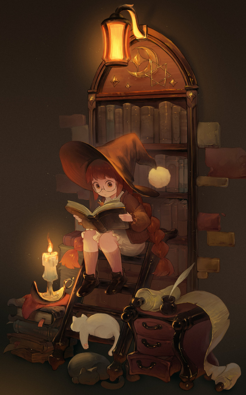 1girl absurdres black_cat bloomers book bookmark bookshelf boots braid brown_eyes brown_footwear brown_jacket brown_socks cabinet candle cat closed_mouth collared_shirt glasses hat highres holding holding_book inkwell jacket kneehighs ladder lamp original p_(pm_611a) quill reading redhead scroll shirt sidelocks sitting sleeping socks solo twin_braids underwear white_bloomers white_cat white_shirt witch witch_hat wooden_ladder